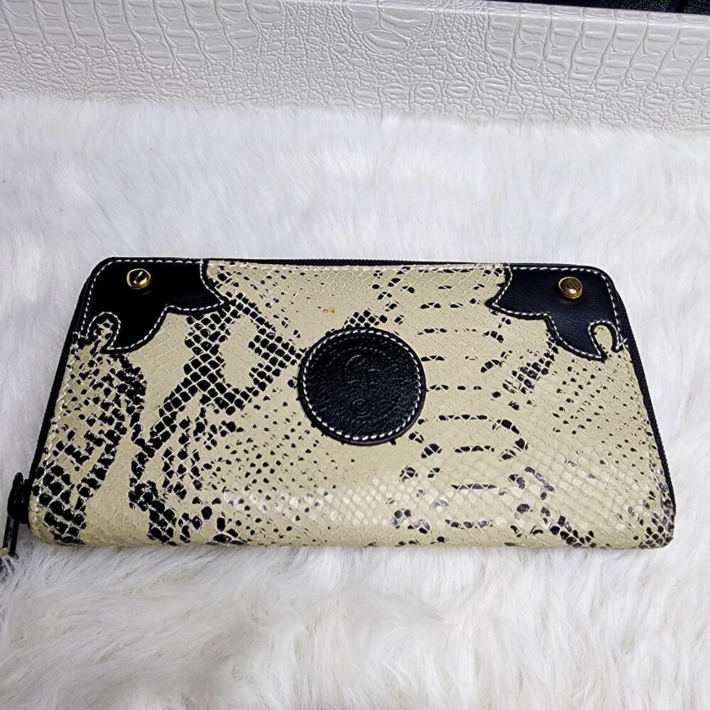 Carlos Falchi Genuine leather wallet with snake skin print and gold hardware